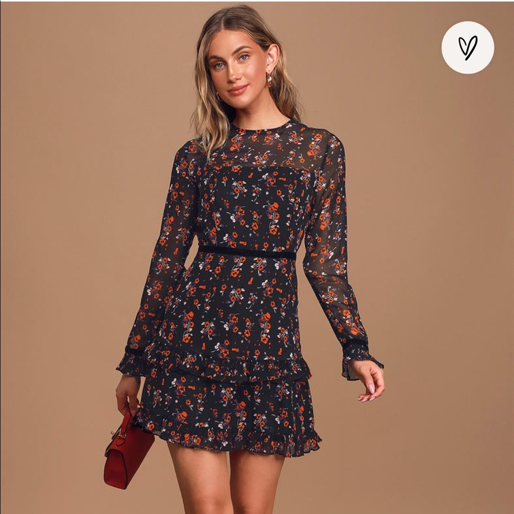 Lulus Floral to See Black Floral Print Long Sleeve Mini Dress Size Small